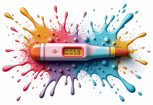 Colorful finger prick test device with vivid ink splashes background  