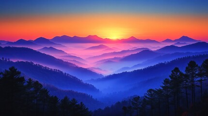 Obraz premium Dramatic sunset illuminating mountain range with layered fog effect