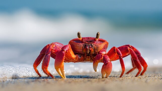 Close up of a red crab on a sandy beach