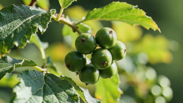 Closeup of unripe kiwi berries growing on a leafy branch in sunlight.