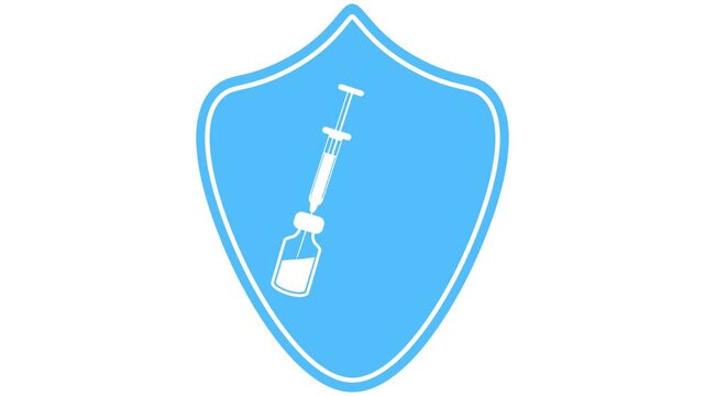 A syringe fills from a vaccine vial. Animated shield icon representing protection, immunization, vaccination. For concepts of healthcare and public health campaigns. White background.