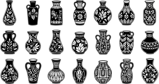 Black and White Vector Set of Decorative Ceramic Pottery Vases in Line Art Style