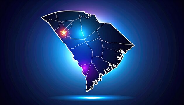 South Carolina map outline with glowing cities and connecting lines on a dark blue gradient background, digital representation of state network