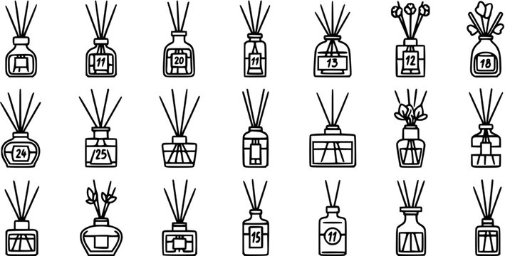 Home Fragrance Reed Diffusers and Aroma Bottles Line Art Icon Set. Black and White Outline Glyphs for Wellness and Home Decor Products.