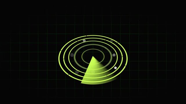 Radar display animation with targets and grid. Radar display green sweeping sector. Radar display technology tracking graphic on black background.