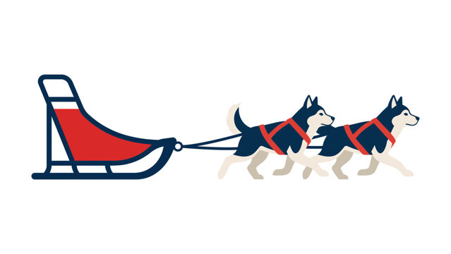 Traditional winter dog sled vector icon featuring a team of huskies pulling a wooden sled across a snowy landscape, professional hand-traced minimalist outline illustration for arctic travel designs.