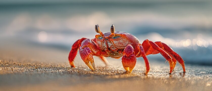 Close up of a red crab on a sandy beach