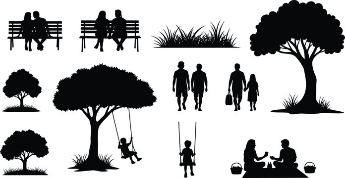 Park activity silhouettes set featuring people on benches trees children on swings and picnic scenes for outdoor leisure vector design