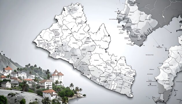 Stylized map of Liberia with a superimposed village and island, showing population density points and regional borders, conceptual representation of geography and settlement