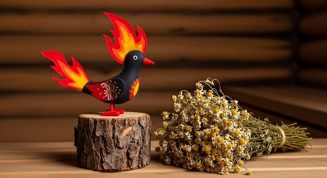 Decorative firebird statue and dried flowers against wooden background
