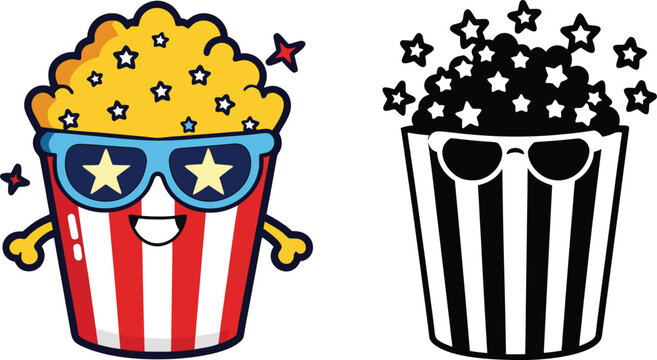 Cartoon popcorn and candy characters wearing sunglasses and star decorations