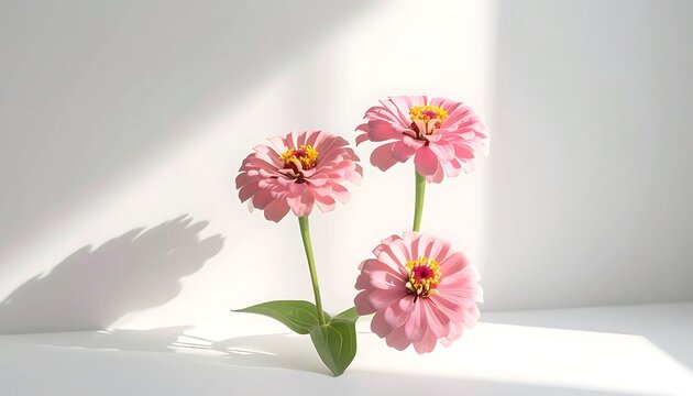 Three delicate pink zinnia flowers with yellow centers and green leaves, casting soft shadows on a clean white background