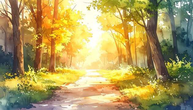 Sunlight streaming through trees onto a forest path, dappled light effect, impressionistic watercolor style, peaceful nature scene