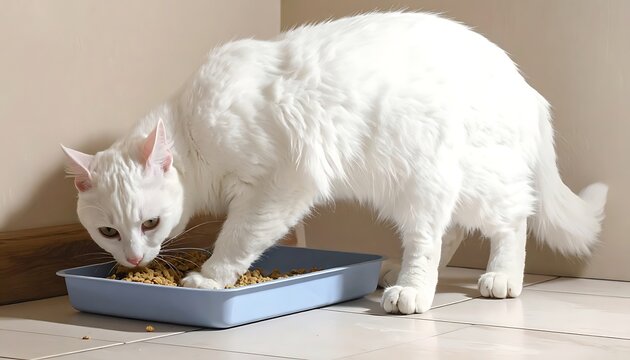 A white cat eating from a blue rectangular dish on a tiled floor