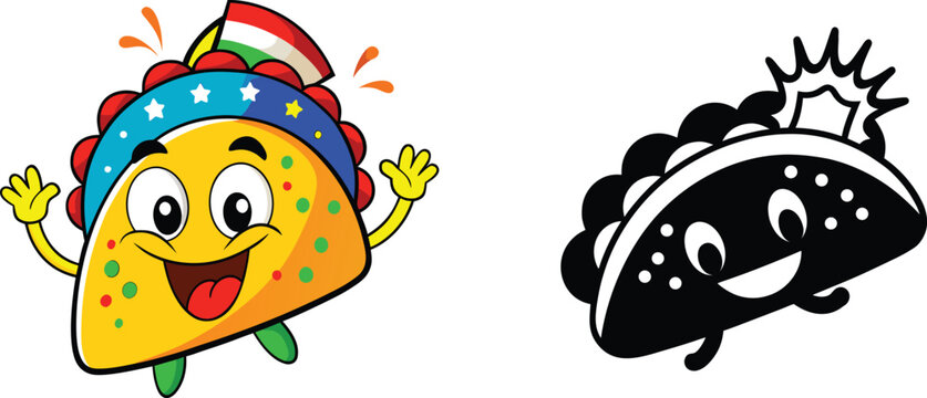 Colorful cartoon taco and silhouette character duo celebrating fiesta