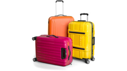 Three Colorful Suitcases Isolated on White Background - Orange Yellow and Pink Travel Luggage Bags Set © Misbah