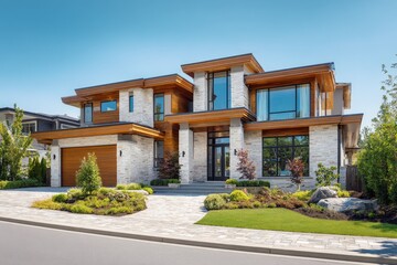 Fototapeta premium Elegant suburban residence exterior showcasing contemporary design, green yard, and bright daylight