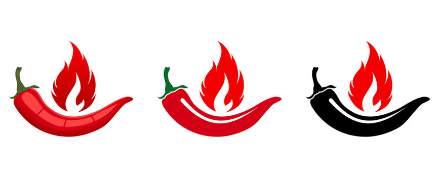 Red Chili Peppers Fire Flames icon. Chili mild level, spicy level, hot level, extra level Label. Hot Spicy green, yellow, orange icons. Logo Spicy. Extra chilli badge. Hand drawn. Vector illustration.