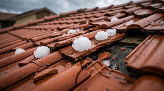 Broken terracotta roof tiles with large hailstones after storm