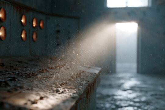 Sunlight pierces dust through an abandoned doorway. Rusty metal panels glow softly in the gloom. Faint beams dance across cracked concrete floors. An abandoned room whispers quiet decay
