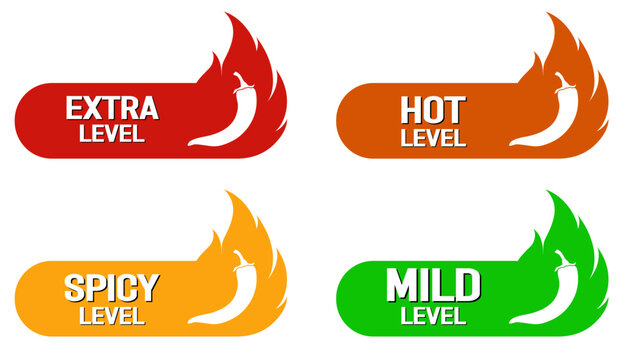 Red Chili Peppers Fire Flames icon. Chili mild level, spicy level, hot level, extra level Label. Hot Spicy green, yellow, orange icons. Logo Spicy. Extra chilli badge. Hand drawn. Vector illustration.