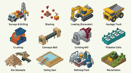 A collection of mining process icons. © agussssss