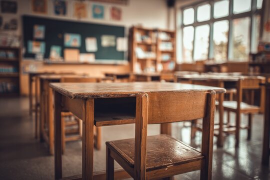 Empty elementary classroom with kid-sized desks and chairs bathed in natural daylight