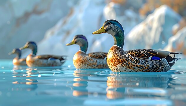 Three mallard ducks swimming in calm blue water with snow-capped mountains in the background, pixel art style, serene nature scene