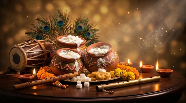 Janmashtami Celebration Still Life with Butter Pots and Flute