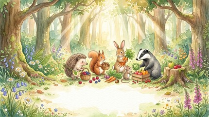 Obraz premium Forest animals harvest berries, nuts, and vegetables together in a bright, sunlit clearing
