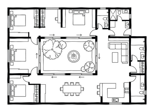 Courtyard home floor plan with central garden, open living spaces and multiple bedrooms.