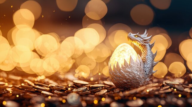 Dragon Egg and Hatchling Large, ornate dragon egg resting on a bed of gold coins, glowing cracks appearing on its surface, anticipation of hatching
