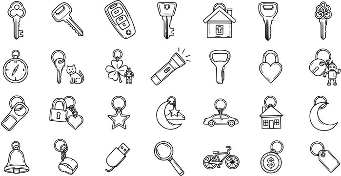 Black and White Line Art Icons of Keys, Locks, and Household Objects for Security and Property Concepts