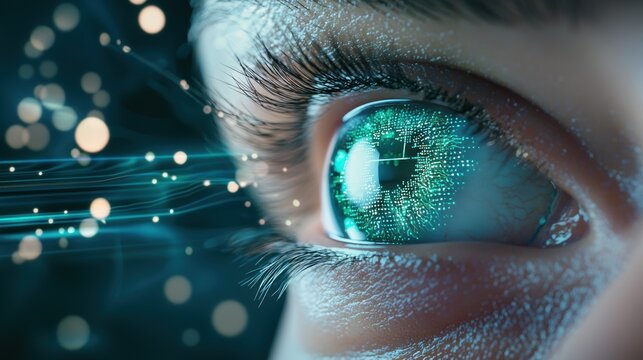 Biometric Eye Scan Close up of an eye undergoing an iris scan, futuristic HUD interface with data streams and scanning lines, blue and green color scheme