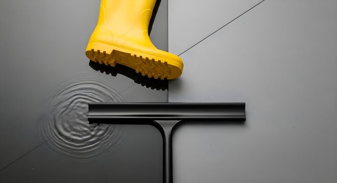 Yellow Boot Stepping On A Floor Squeegee, Creating Ripples In Water