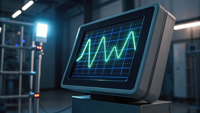 A close-up of a digital oscilloscope screen displaying a green waveform in a dimly lit lab or industrial environment.