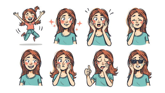 Expressions of a young girl : A collection of illustrations depicting a young girl's diverse range of emotions. From elation and joy to surprise, worry, and contentment.