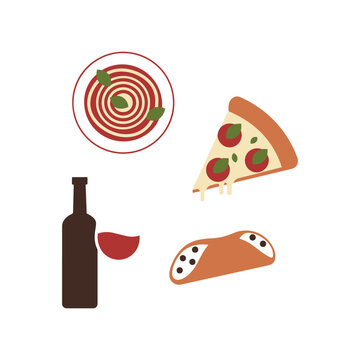 A delightful collection of classic Italian cuisine icons, showcasing popular dishes like pasta, pizza, and cannoli alongside a bottle of fine wine, perfect for menus and culinary designs