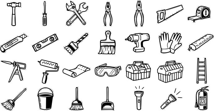 Black and White Line Art Icons of Construction Tools and Equipment on White Background