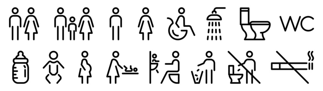 Set of restroom and toilet outline icons. Man, woman, baby, mother with baby, shower, toilet, do not litter symbols. Male, female and disabled pictograms with no smoking sign. Editable stroke vector.