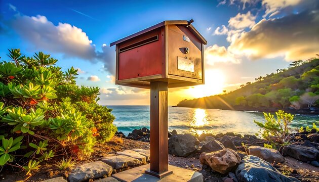 Weathered red mailbox on a rocky shore at sunset with calm ocean waves and lush green foliage in the foreground