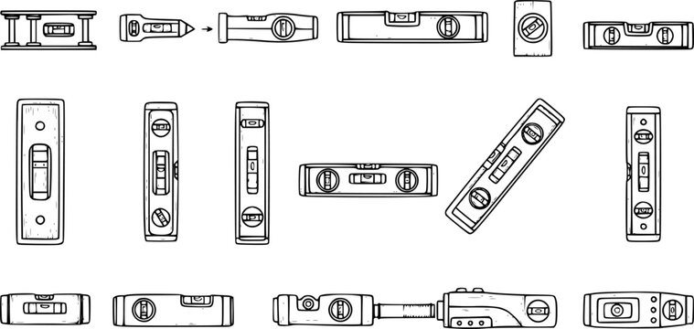 Black and White Line Art Collection of Various Spirit Levels for Construction Industry