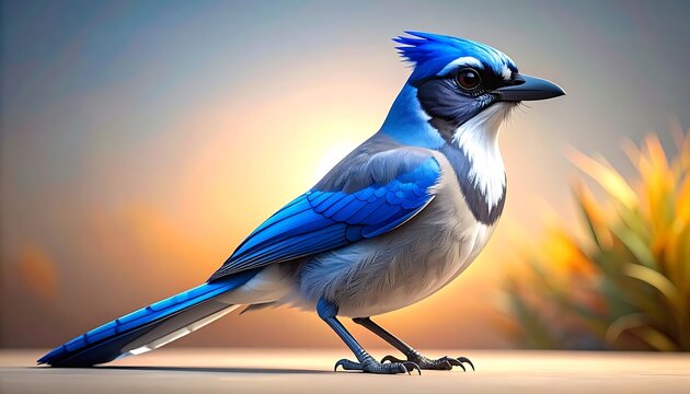 Vibrant blue jay perched on a textured surface with a soft, blurred natural background, showcasing detailed feathers and bright plumage