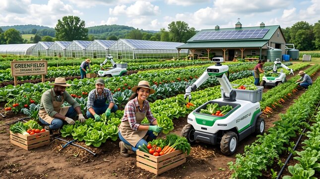 Farmers harvest organic vegetables alongside autonomous agricultural robots in a sustainable smart farm, combining innovative technology, renewable energy, and eco-friendly practices for efficient mod