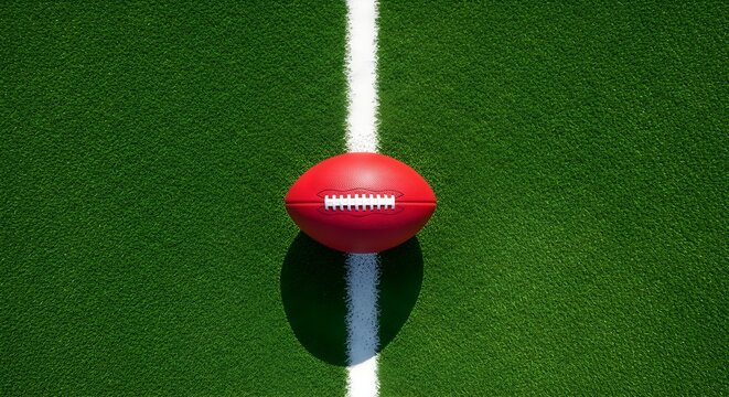 Red Australian Rules Football Centered On A Green Field With White Line