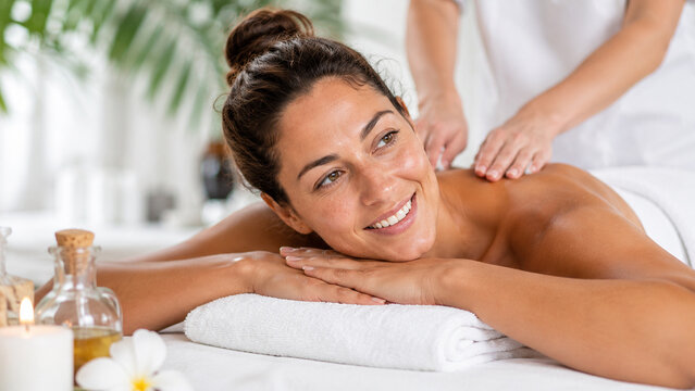 Smiling young woman receiving relaxing back massage at luxury spa salon