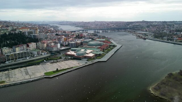Halic Congress Center and Golden Horn Bridge circling shot