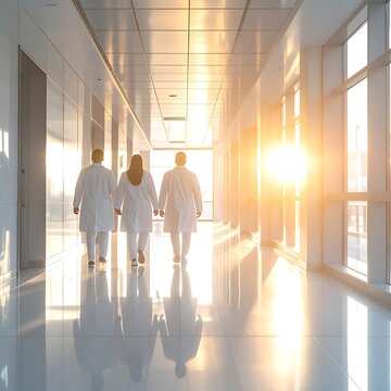 Medical professionals walking down a bright hospital corridor (321)
