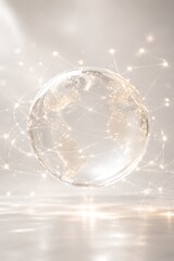 Naklejka premium A luminous globe of Earth, illuminated by city lights, is surrounded by a network of glowing connections, symbolizing global connectivity and technology.