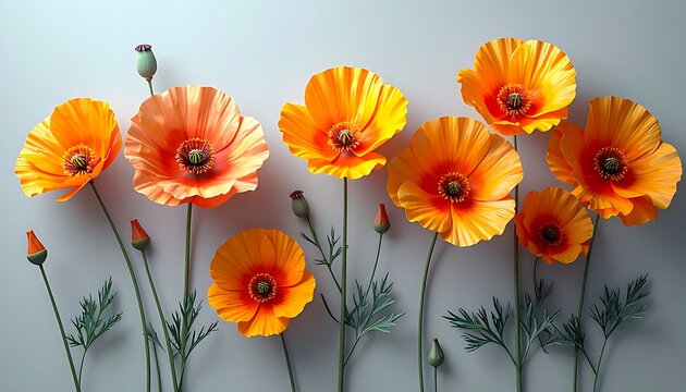 Vibrant orange poppy flowers and buds with delicate green stems and leaves, rendered in a pixel art style on a soft grey background, evoking a sense of digital spring bloom